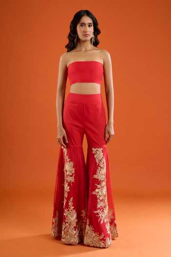 Buy Anamika Khanna Red Embroidery, Zari Bandeau Neck, One Shoulder Floral Cape Sharara Set Online at Aza Fashions Buy_Anamika Khanna_Red Embroidery, Zari Bandeau Neck, One Shoulder Floral Cape Sharara Set _Online_at_Aza_Fashions