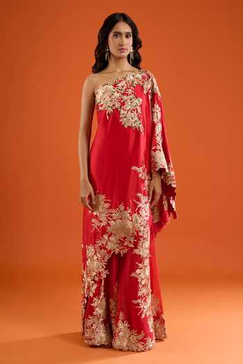 Shop Anamika Khanna Red Embroidery, Zari Bandeau Neck, One Shoulder Floral Cape Sharara Set Online at Aza Fashions Shop_Anamika Khanna_Red Embroidery, Zari Bandeau Neck, One Shoulder Floral Cape Sharara Set _Online_at_Aza_Fashions
