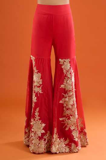 Shop Anamika Khanna Red Embroidery, Zari Bandeau Neck, One Shoulder Floral Cape Sharara Set Shop_Anamika Khanna_Red Embroidery, Zari Bandeau Neck, One Shoulder Floral Cape Sharara Set