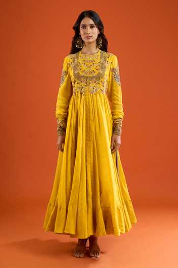 Buy Anamika Khanna Yellow Mirrors, Zari Round Neck Floral Embroidered Anarkali Set Online at Aza Fashions Buy_Anamika Khanna_Yellow Mirrors, Zari Round Neck Floral Embroidered Anarkali Set _Online_at_Aza_Fashions
