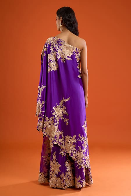 Anamika Khanna One Shoulder Embroidered Cape Sharara Set 