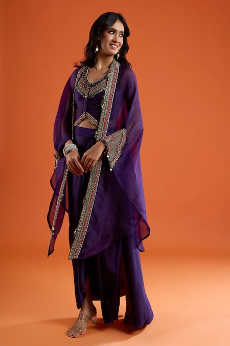 Buy_Prisho_Purple Embroidery, Mirrors Open Neck, Leaf Placement Jacket Draped Skirt Set _Online_at_Aza_Fashions