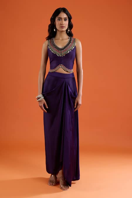 Shop_Prisho_Purple Embroidery, Mirrors Open Neck, Leaf Placement Jacket Draped Skirt Set _Online_at_Aza_Fashions