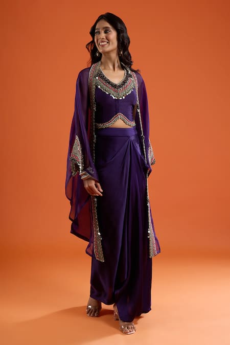 Buy_Prisho_Purple Embroidery, Mirrors Open Neck, Leaf Placement Jacket Draped Skirt Set 