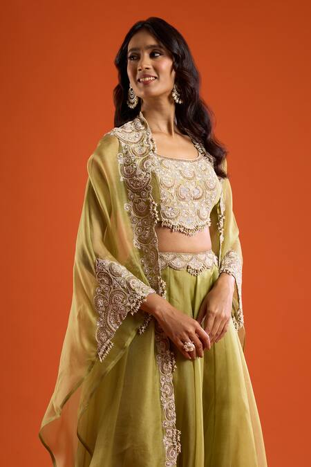 Buy_Prisho_Olive Green Embroidery, Sequins Scoop Neck Placement Skirt Blouse Set 