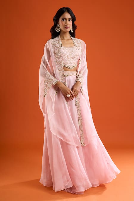 Shop_Prisho_Pink Embroidery, Beads, Pearls Round Neck Threadwork Skirt Blouse Set _Online_at_Aza_Fashions