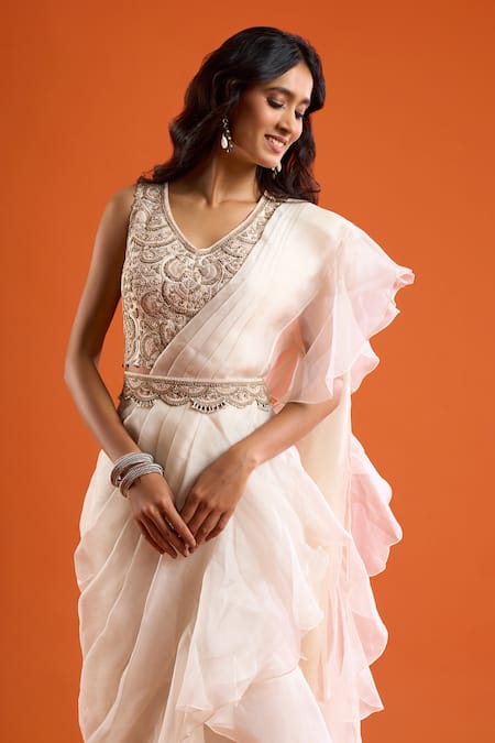 Prisho_Ivory Ruffles, Embroidery V-neck Pre-draped Saree With Blouse _at_Aza_Fashions