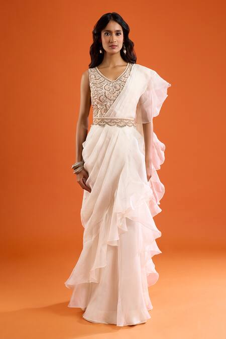 Buy_Prisho_Ivory Ruffles, Embroidery V-neck Pre-draped Saree With Blouse 