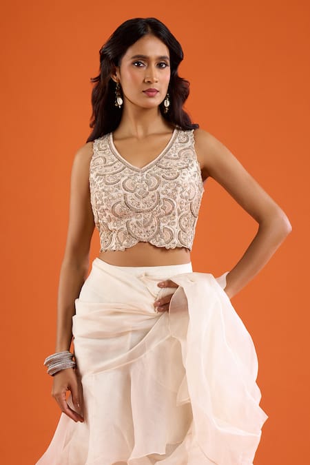 Shop_Prisho_Ivory Ruffles, Embroidery V-neck Pre-draped Saree With Blouse 
