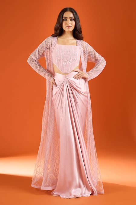 COUTURE BY NIHARIKA Embroidered Jacket Set with Bustier and Draped Skirt 