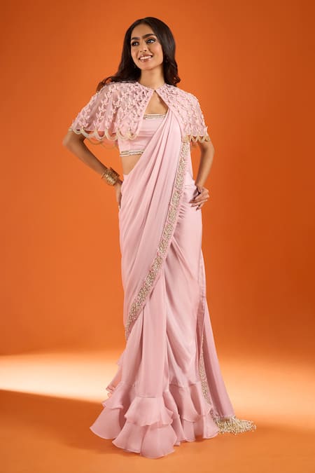 COUTURE BY NIHARIKA Embroidered Pre-Draped Saree Set With Cape 