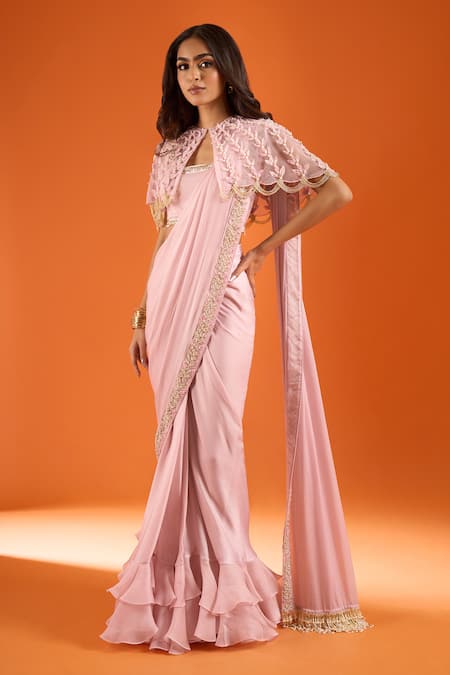 COUTURE BY NIHARIKA_Pink Zari, Tassels Bandeau Neck Embroidered Pre-draped Saree Set With Cape _at_Aza_Fashions