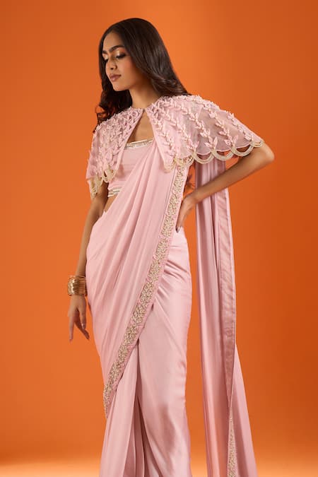 Buy_COUTURE BY NIHARIKA_Pink Zari, Tassels Bandeau Neck Embroidered Pre-draped Saree Set With Cape 