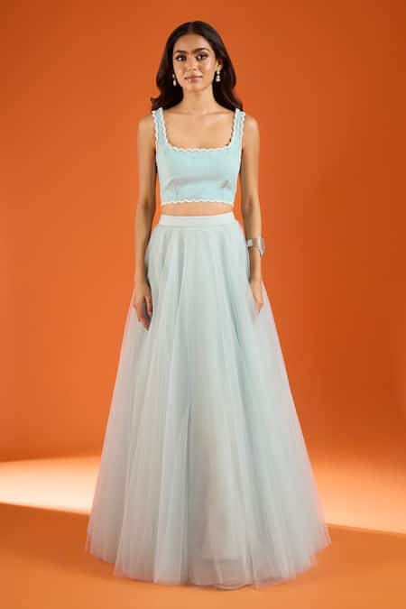 COUTURE BY NIHARIKA_Aqua Embroidery, Sequins Mandarin Collar, Square Neck Jacket Lehenga Set _at_Aza_Fashions