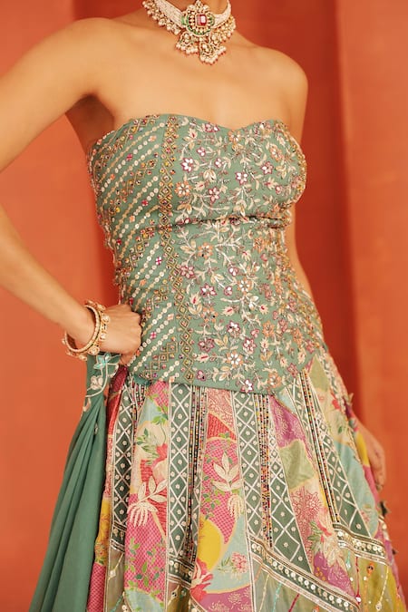 Buy_Label Astha Chhabra_Multi Color Organza Embroidery, Sequins, Beads, Contrat Patch Work Lehenga Set _Online_at_Aza_Fashions