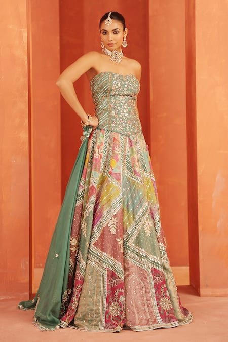 Shop_Label Astha Chhabra_Multi Color Organza Embroidery, Sequins, Beads, Contrat Patch Work Lehenga Set _Online_at_Aza_Fashions