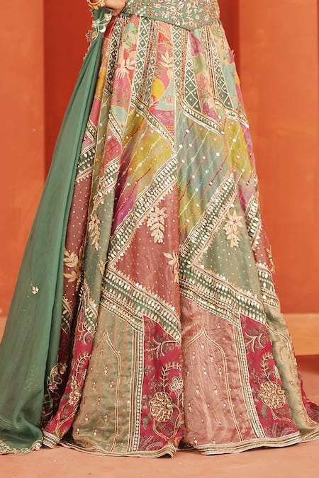Label Astha Chhabra_Multi Color Organza Embroidery, Sequins, Beads, Contrat Patch Work Lehenga Set _at_Aza_Fashions