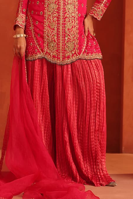 Label Astha Chhabra_Pink Organza, Satin, Tissue Embroidery, Zari, Stones Placket Kurta Sharara Set _Online_at_Aza_Fashions