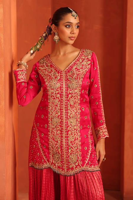 Buy_Label Astha Chhabra_Pink Organza, Satin, Tissue Embroidery, Zari, Stones Placket Kurta Sharara Set _Online_at_Aza_Fashions