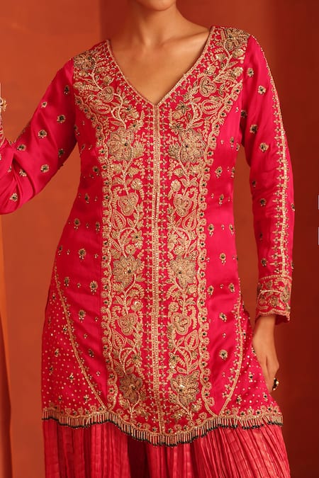 Shop_Label Astha Chhabra_Pink Organza, Satin, Tissue Embroidery, Zari, Stones Placket Kurta Sharara Set _Online_at_Aza_Fashions