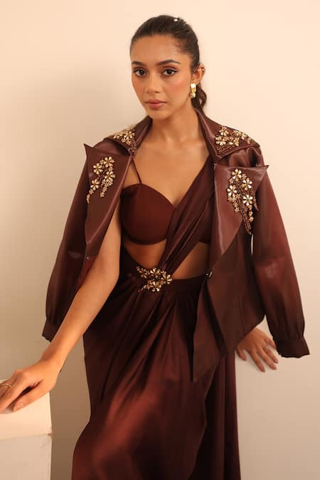 Buy_Label Astha Chhabra_Brown Organza, Satin Embroidery Open Neck, Sequin Jacket And Pre-draped Saree Set _Online_at_Aza_Fashions