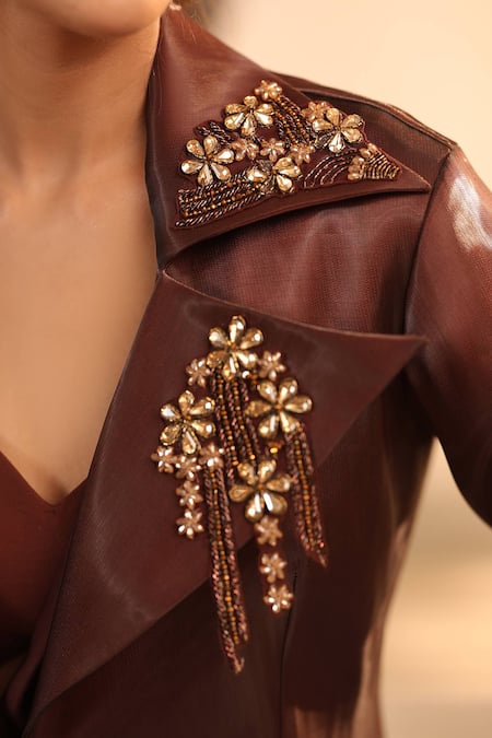 Label Astha Chhabra_Brown Organza, Satin Embroidery Open Neck, Sequin Jacket And Pre-draped Saree Set _at_Aza_Fashions