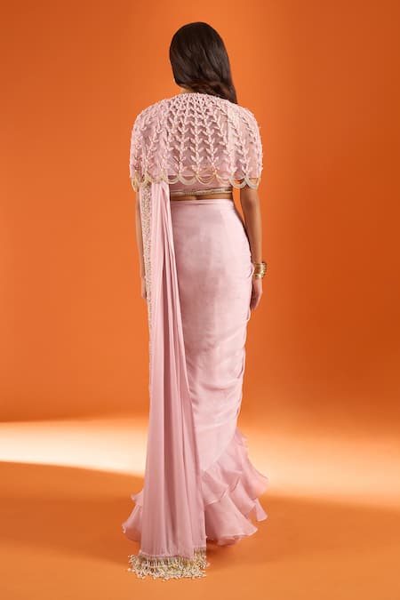 COUTURE BY NIHARIKA Embroidered Pre-Draped Saree Set With Cape 