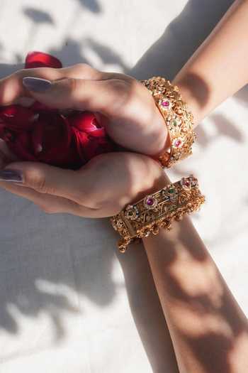 Buy_Prestones_Multi Color Beads, Stones Antique Temple Carved Bangles - Set Of 2 _Online_at_Aza_Fashions