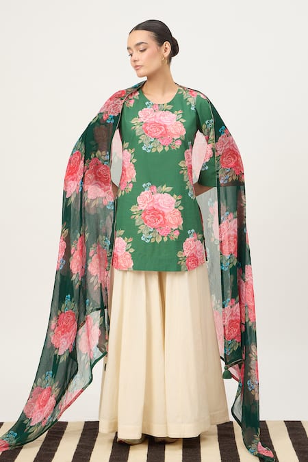 Dot Flora Print Kurta Sharara Set 