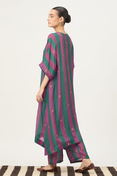 Dot Striped Cotton Silk Kaftan & Pant Set 