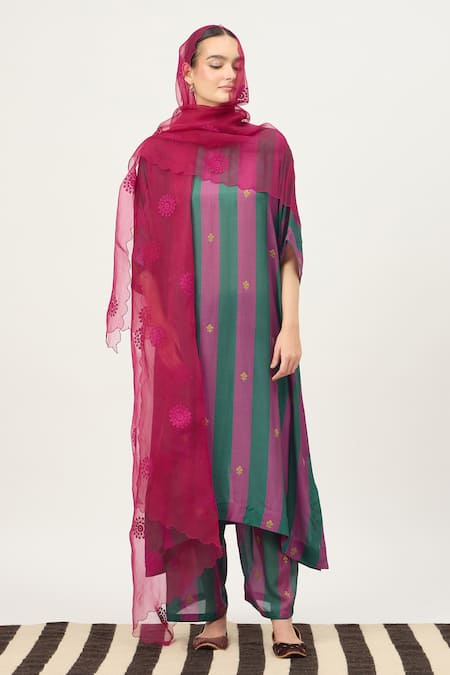 Dot Striped Cotton Silk Kaftan & Pant Set 