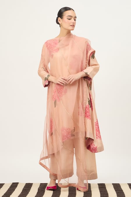 Dot Peony Print Kurta & Pant Set 
