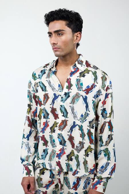 Buy_Triune_Off White Tencel, Satin Tiger Cosmo Play Print Shirt _Online_at_Aza_Fashions