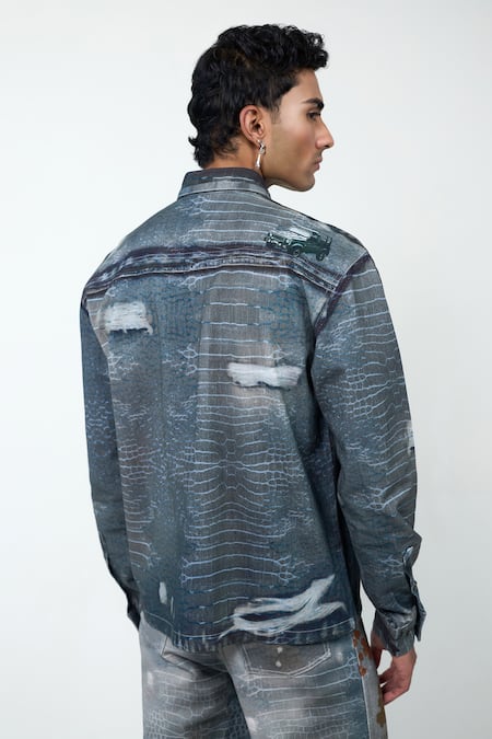 Triune Peacock Panorama Print Denim Shirt 