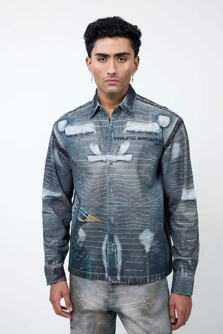 Triune Peacock Panorama Print Denim Shirt 