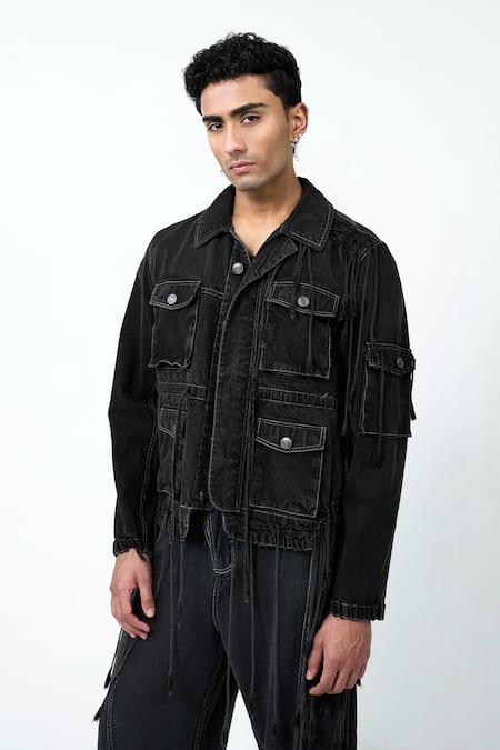 Shop_Triune_Black Denim Tassels, Fringe Raw Groans Jacket _Online_at_Aza_Fashions