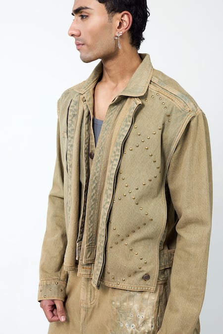 Shop_Triune_Brown Denim Studs Triple Layer Jacket _Online_at_Aza_Fashions