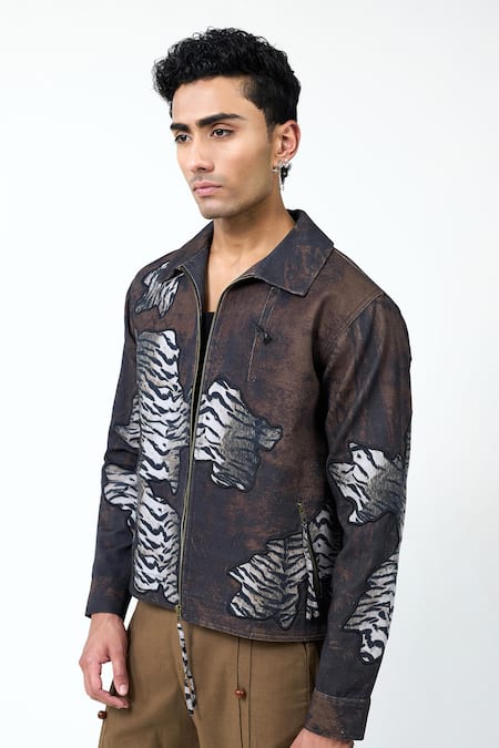 Triune_Black Muslin, Denim Patchwork Wild Embroidered Jacket _Online_at_Aza_Fashions