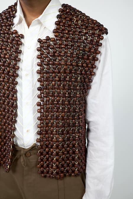 Buy_Triune_Brown Wood Hand Beaded Vest _Online_at_Aza_Fashions