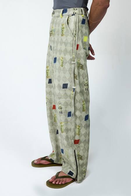 Triune_Green Cotton Techno Tiles Printed Pant _Online_at_Aza_Fashions