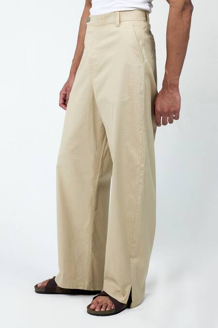Buy_Triune_Beige Cotton Tilt Carve Pant _Online_at_Aza_Fashions