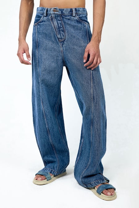 Triune_Blue Denim Tilt Toe Cut Jeans _Online_at_Aza_Fashions