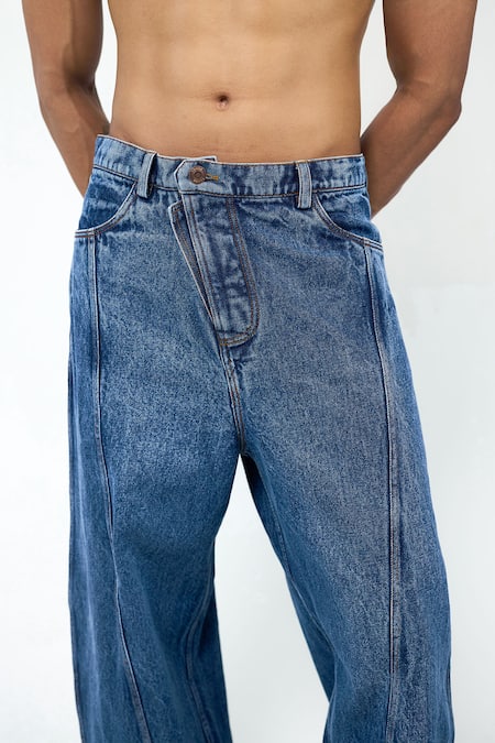 Buy_Triune_Blue Denim Tilt Toe Cut Jeans _Online_at_Aza_Fashions