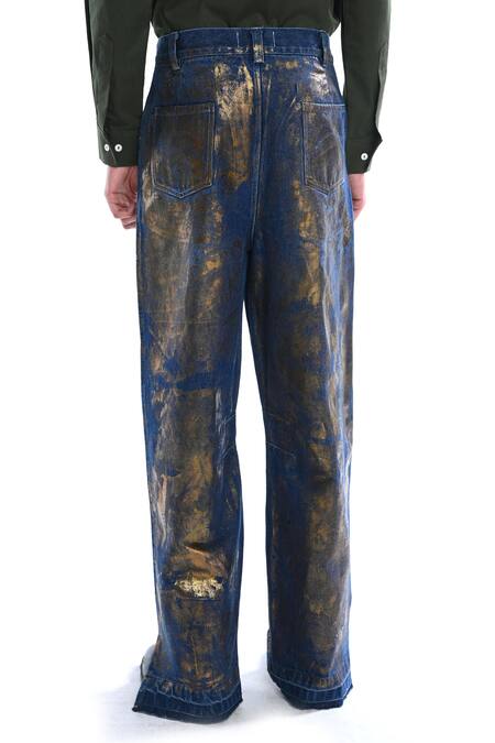Triune_Blue Denim Foil Printing Sun Valley Pant _Online_at_Aza_Fashions