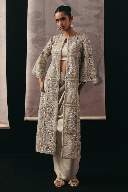 Buy_Twenty Nine_Silver Lycra Shimmer Skirt _Online_at_Aza_Fashions