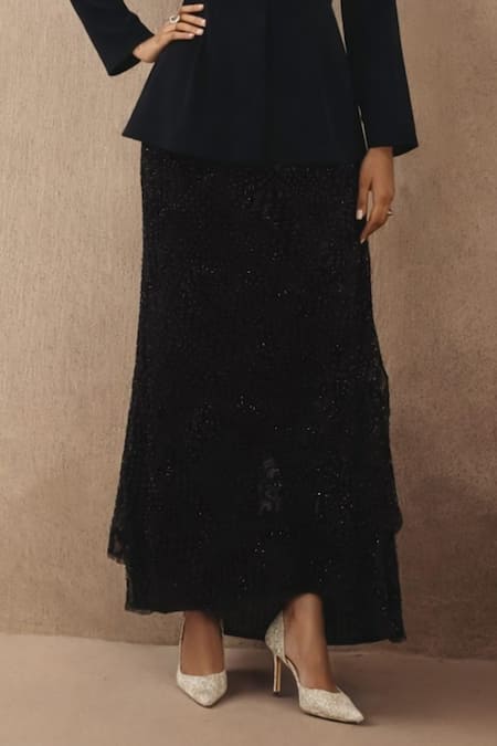 Twenty Nine_Black Net Beads, Mirrors Long Skirt _Online_at_Aza_Fashions