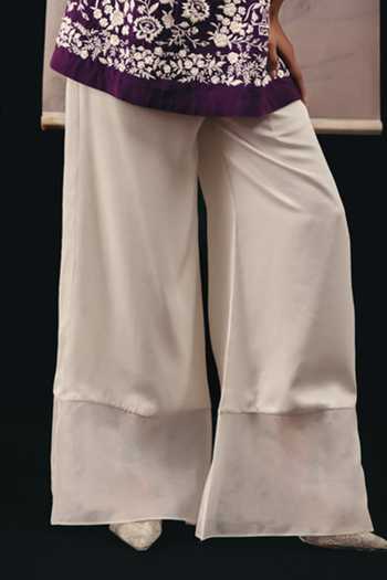 Twenty Nine_Ivory Twill Organza Panel Flared Pant  _Online_at_Aza_Fashions