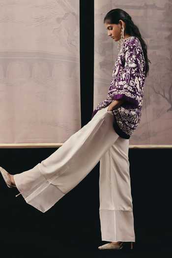 Buy_Twenty Nine_Ivory Twill Organza Panel Flared Pant  _Online_at_Aza_Fashions