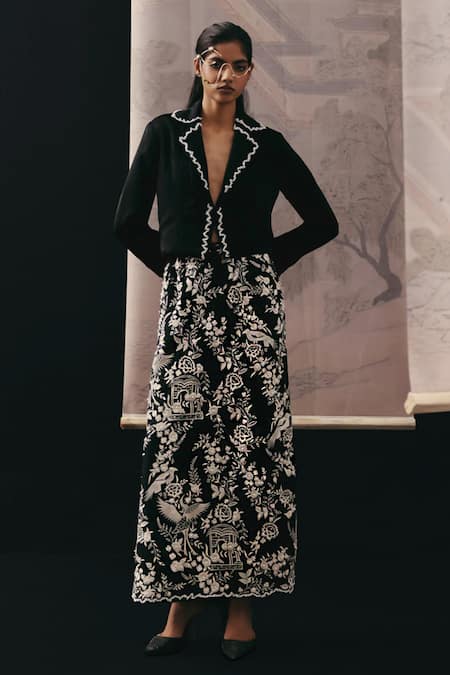 Twenty Nine Floral Embroidered Crepe Silk Skirt 