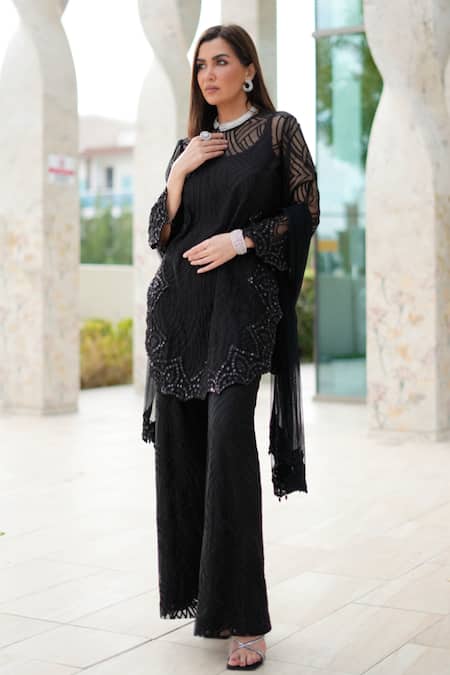 Twenty Nine_Black Silk Sequins Round Neck Dola Top _Online_at_Aza_Fashions